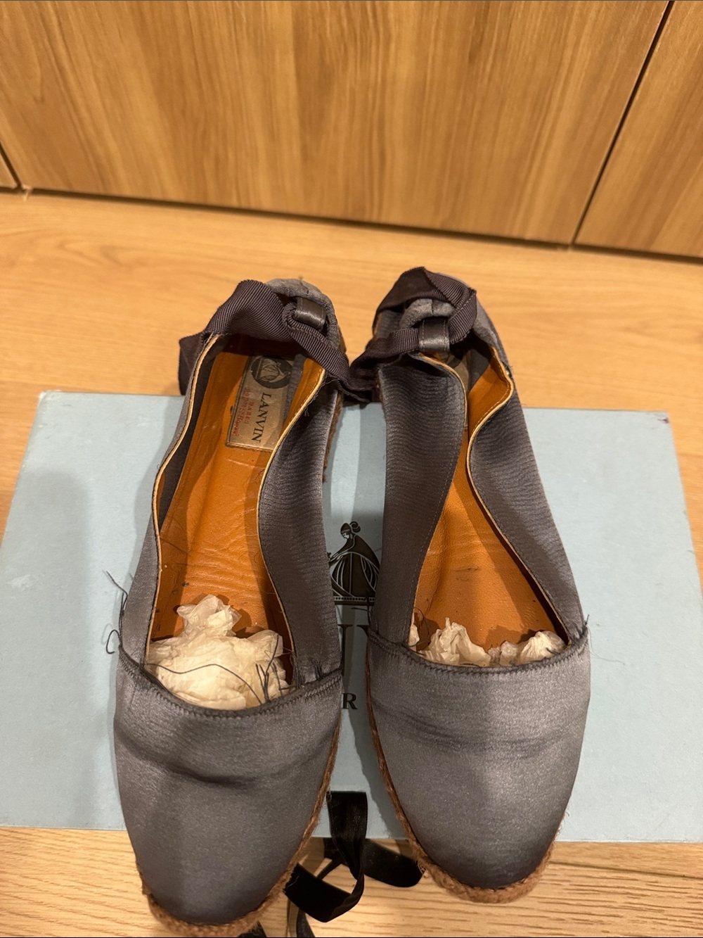 Lanvin Gray Satin Espadrille Flats with Ankle Ribbons